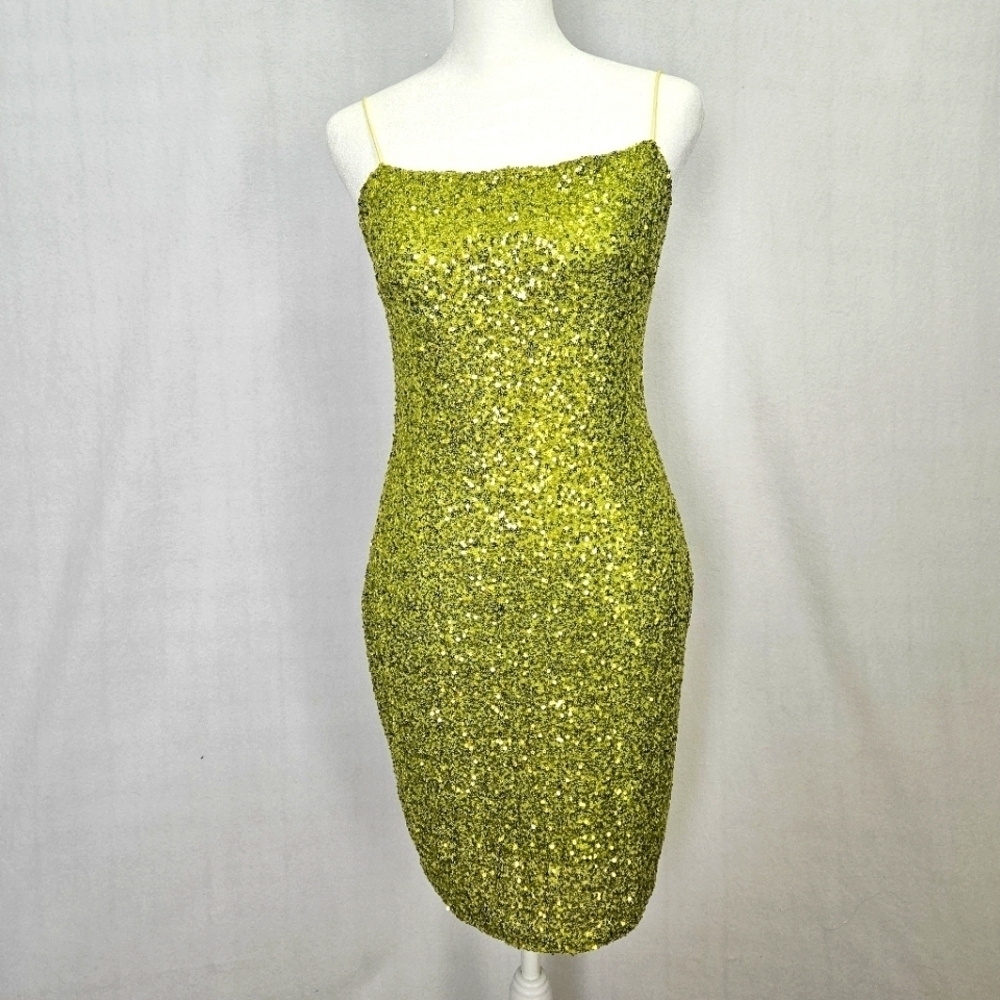 Boutique Chartreuse Green Sequined Mini Slip Dress Size L NWOT